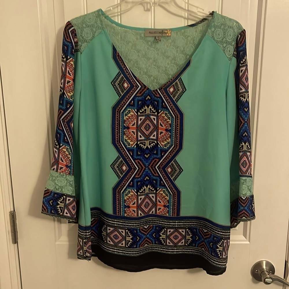 FIGUEROA & flower tunic teal with‎ southwest/Aztec design women’s sz S with lace